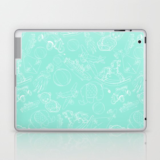 Mint Blue and White Toys Outline Pattern Laptop & iPad Skin