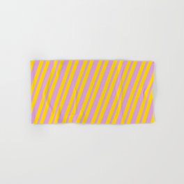[ Thumbnail: Plum & Yellow Colored Lined/Striped Pattern Hand & Bath Towel ]