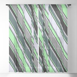 [ Thumbnail: Eye-catching Lavender, Grey, Dark Slate Gray, Green & Black Colored Pattern of Stripes Sheer Curtain ]