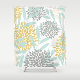 Floral Prints, Leaves and Blooms, Yellow, Gray and Aqua Shower Curtain