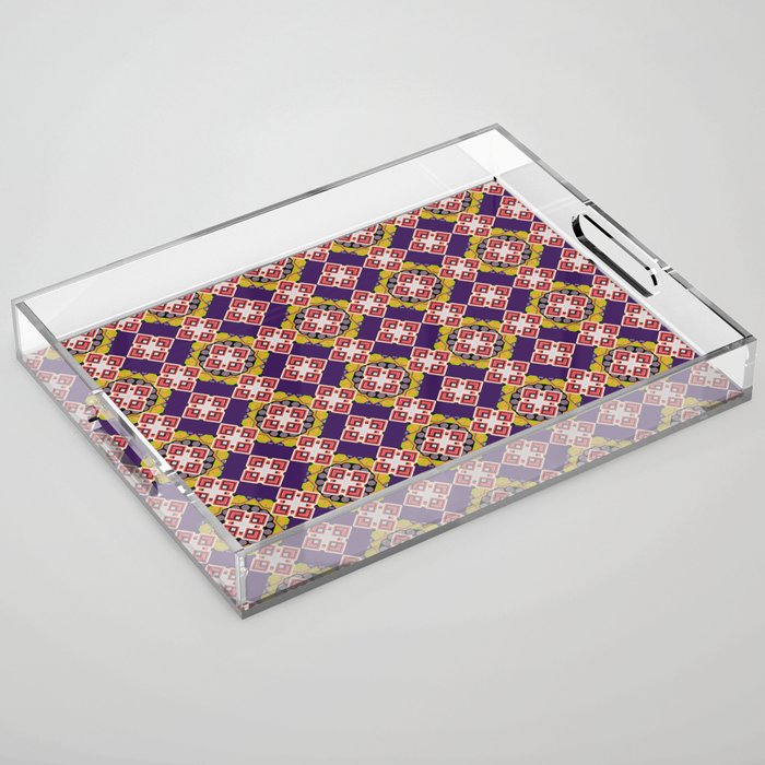 Abstract holiday wrapping paper in violet, pink and brown. Tiled background. Traditional design of 50s. Fabric spring ornament with tiles. Pin up style. Seamless rhombus pattern. Acrylic Tray