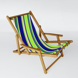 [ Thumbnail: Light Green, Tan, Dark Blue & Sea Green Colored Striped Pattern Sling Chair ]
