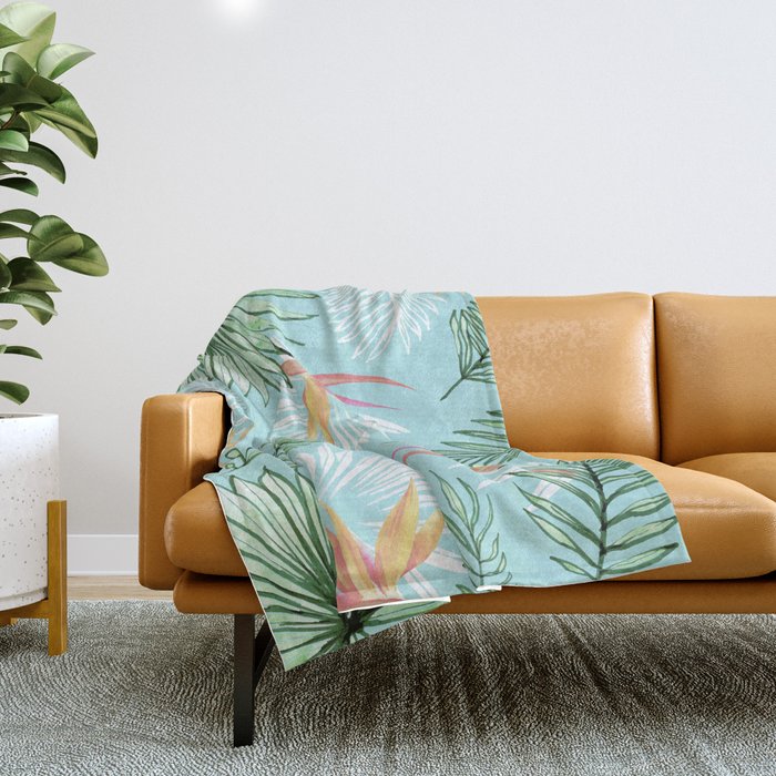 Tropic Palm, Bird of Paradise Pastel Colorful Botanical Illustration, Tropical Bohemian Jungle Throw Blanket