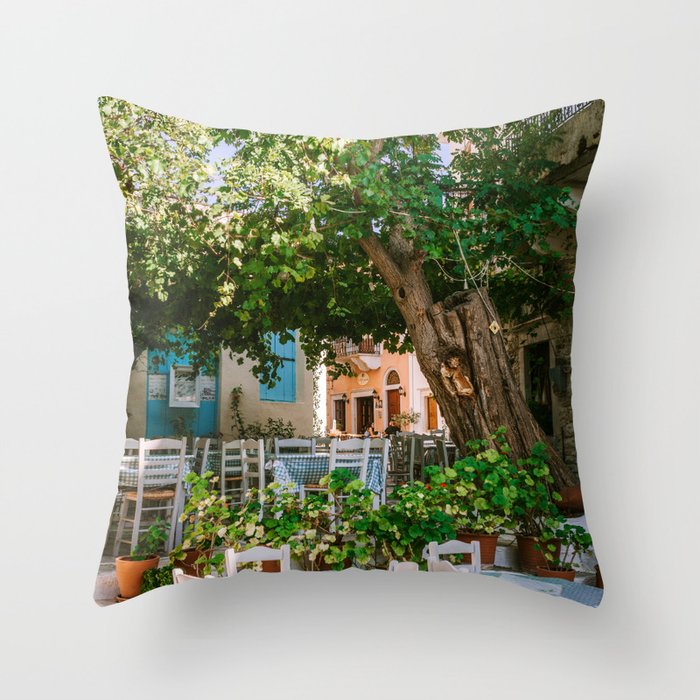 Greek Tavern under Big Tree | Idyllic Greece Scenery of Restaurant on the Island | Travel Photography in the Mediterranean island of Naxos Throw Pillow