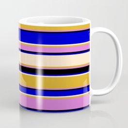 [ Thumbnail: Colorful Blue, Bisque, Goldenrod, Orchid, and Black Colored Stripes Pattern Coffee Mug ]