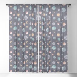 Watercolor planets, suns and moons - galaxy pattern Sheer Curtain