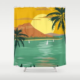 Tropical island paradise sunset beach and palm trees Shower Curtain