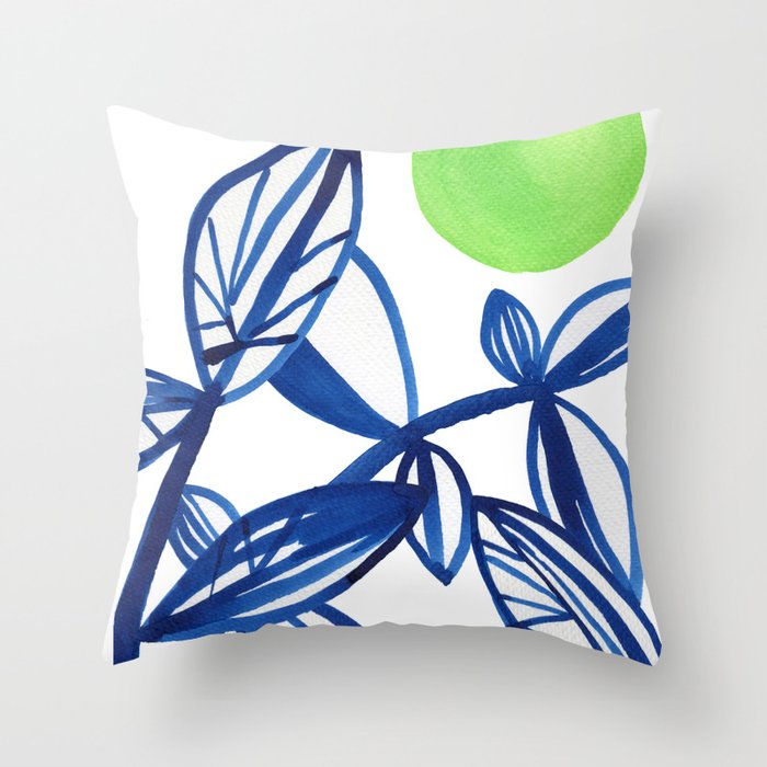 Navy blue and lime green abstract leaves Throw Pillow