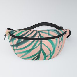 Green Palm Leaf on Pink Coral Background Fanny Pack