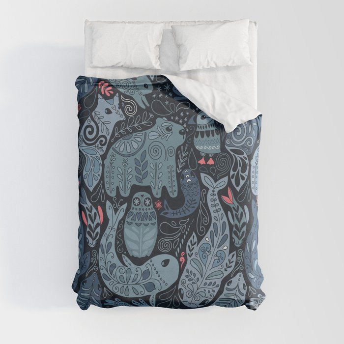 Arctic animals. Polar bear narwhal seal fox puffin whale Duvet Cover