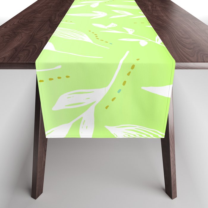 White Leaves on a Green Background Pattern Table Runner