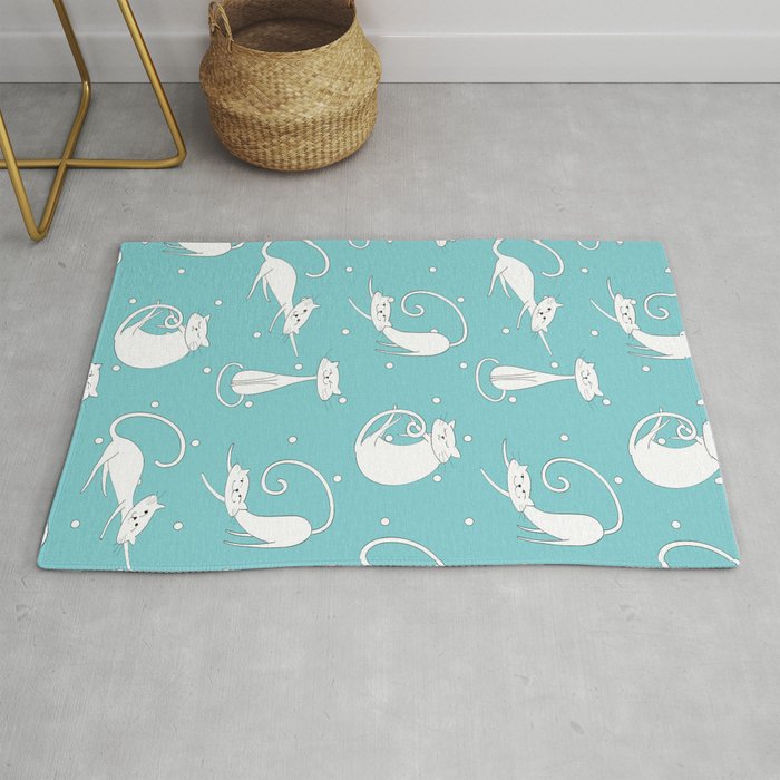 White Cats on blue background with polka dots Rug