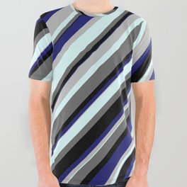 [ Thumbnail: Vibrant Grey, Light Cyan, Dim Grey, Black, and Midnight Blue Colored Striped/Lined Pattern All Over Graphic Tee ]