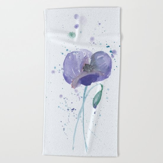 Blue Poppy flower illustration painting in watercolor Beach Towel