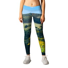 Beautiful Green Mountain Valley Green Fields Littered With Trees Magical Fairytale Landscape Leggings