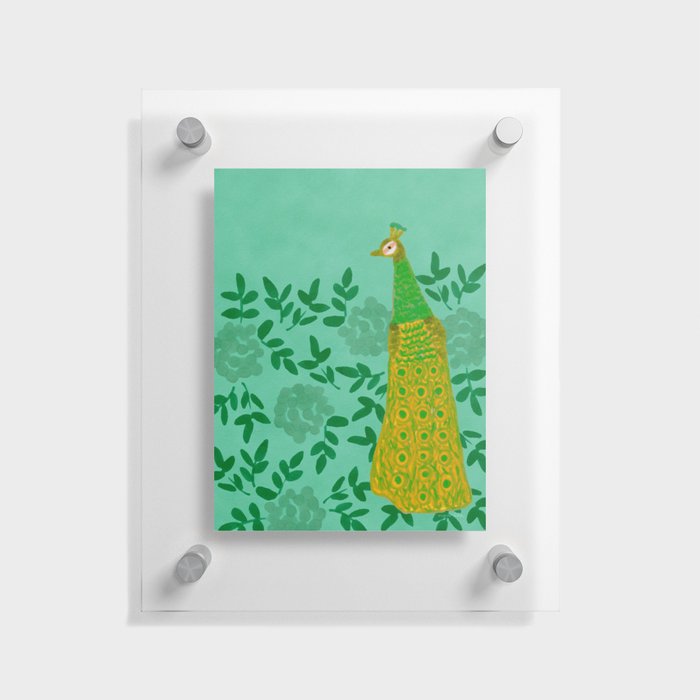 Peacock and Flower - Green and Emerald Floating Acrylic Print