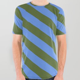 [ Thumbnail: Cornflower Blue and Dark Olive Green Colored Lines/Stripes Pattern All Over Graphic Tee ]