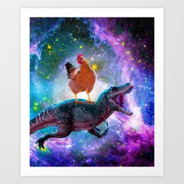 Chicken Riding Dinosaur In Space Art Print