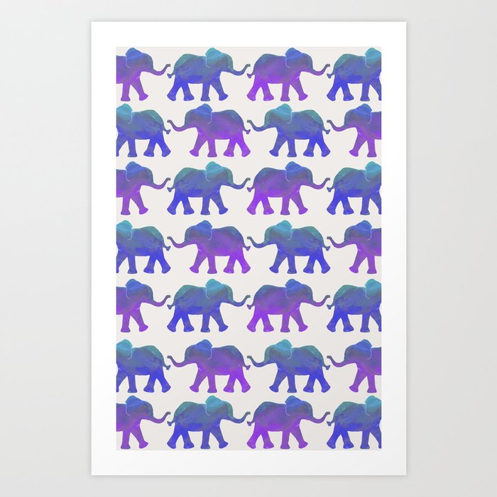 Follow The Leader - Painted Elephants in Royal Blue, Purple, & Mint Art Print