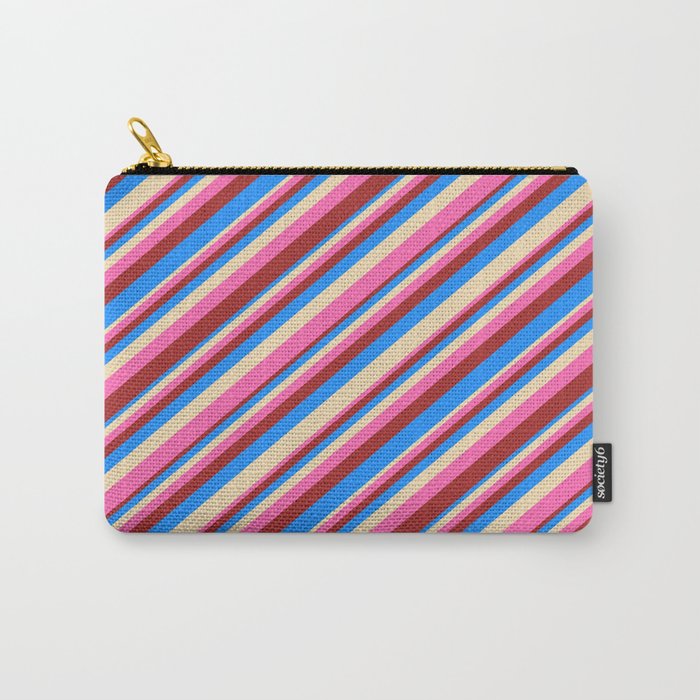 Tan, Hot Pink, Brown & Blue Colored Striped Pattern Carry-All Pouch