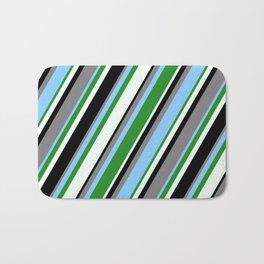 [ Thumbnail: Gray, Light Sky Blue, Forest Green, Mint Cream & Black Colored Striped Pattern Bath Mat ]