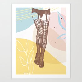 Fashion Woman With Fishnet Stockings Legs Erotic Leggings Print Abstract Pastel Memphis Patterned Background  Art Print