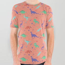 Dinosaurs in Coral Space All Over Graphic Tee