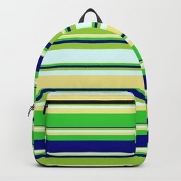 [ Thumbnail: Vibrant Green, Light Cyan, Tan, Lime Green & Blue Colored Stripes/Lines Pattern Backpack ]