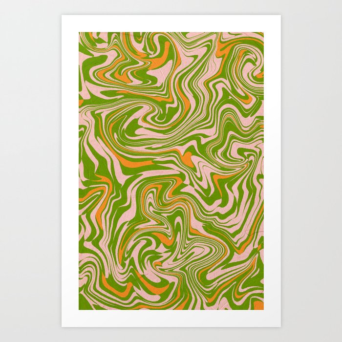 Retro green liquid marbling pattern Art Print