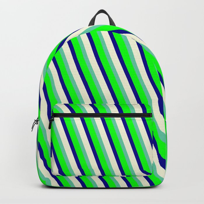 Aquamarine, Lime, Dark Blue & Beige Colored Lined/Striped Pattern Backpack