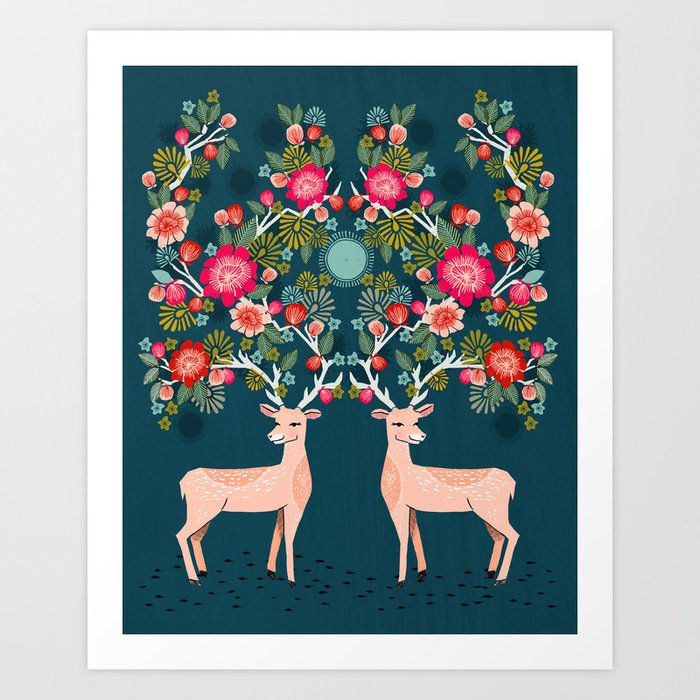 Deer with Flowers by Andrea Lauren  Art Print