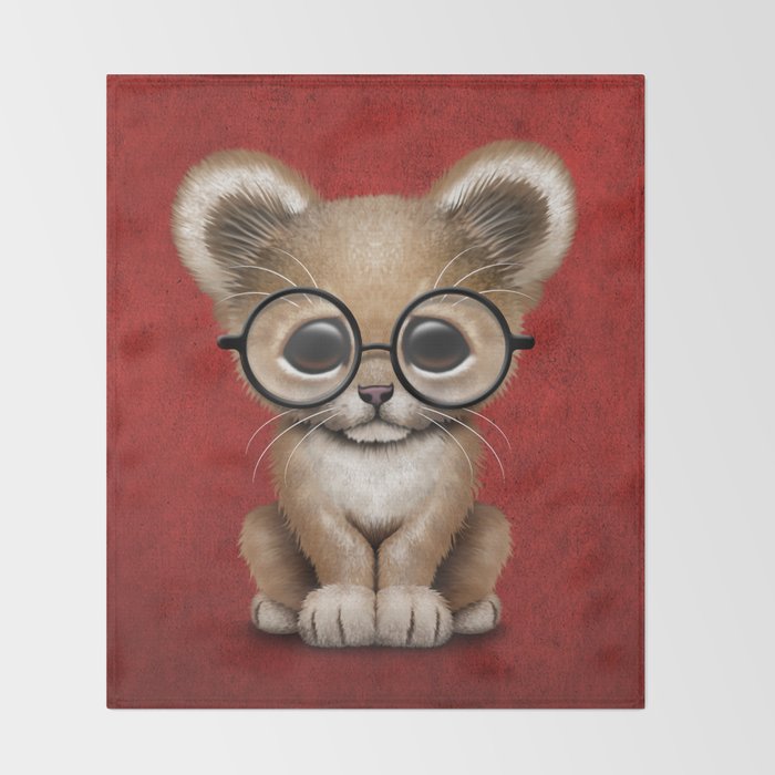 Cute Baby Lion Cub Wearing Glasses On Red Throw Blanket By