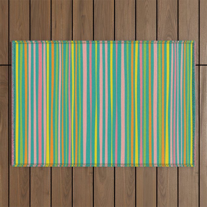 Natural Stripes Pattern Colorful Teal Spring Green Pink Yellow Orange Outdoor Rug