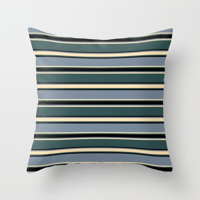 Light Slate Gray, Beige, Dark Slate Gray, and Black Colored Stripes/Lines Pattern Throw Pillow