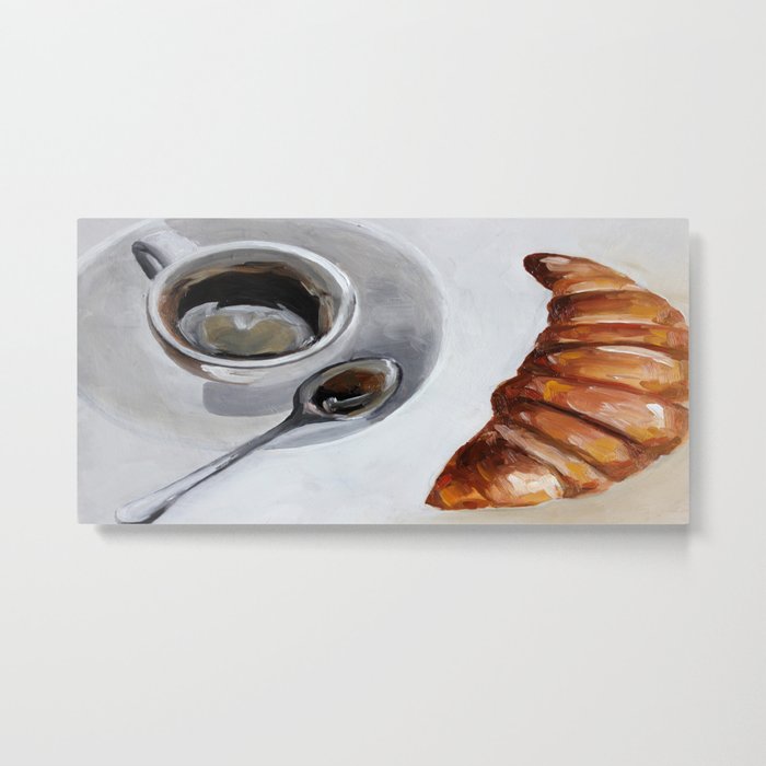 French breakfast, coffee and croissant, original oil painting, daily art Metal Print