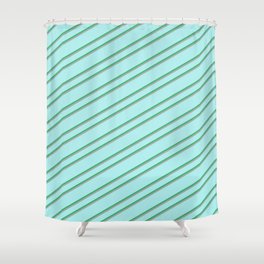 [ Thumbnail: Turquoise, Sea Green, and Dark Grey Colored Striped Pattern Shower Curtain ]