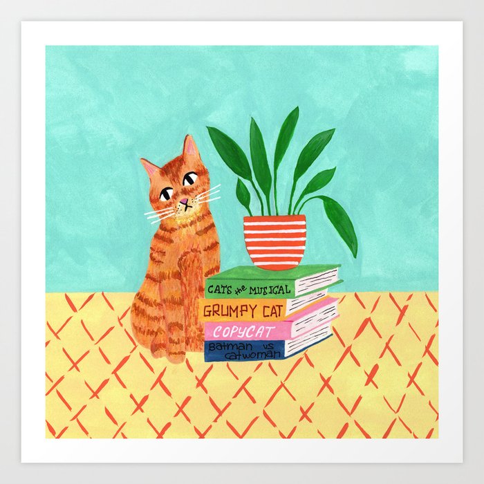 Cat, books and plants Art Print by Aidi Riera