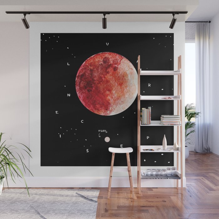 Blood Moon / Lunar eclipse / watercolor + gouache illustraion / unique event with Mars visible Wall Mural