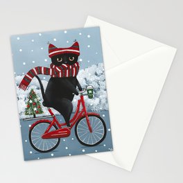 Black Cat Winter Bicycle Ride Stationery Card