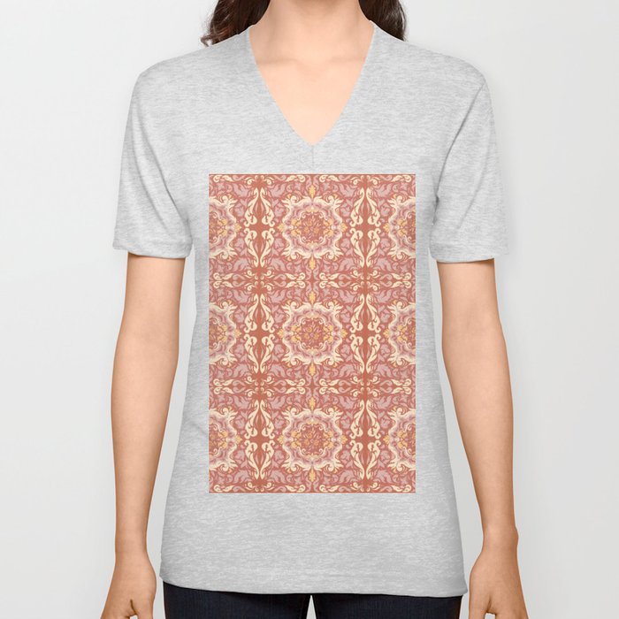 Rust Terracotta Clay Abstract Floral Boho Chic  V Neck T Shirt