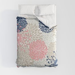 Floral Mixed Blooms, Blush Pink, Navy Blue, Gray, Beige Comforter