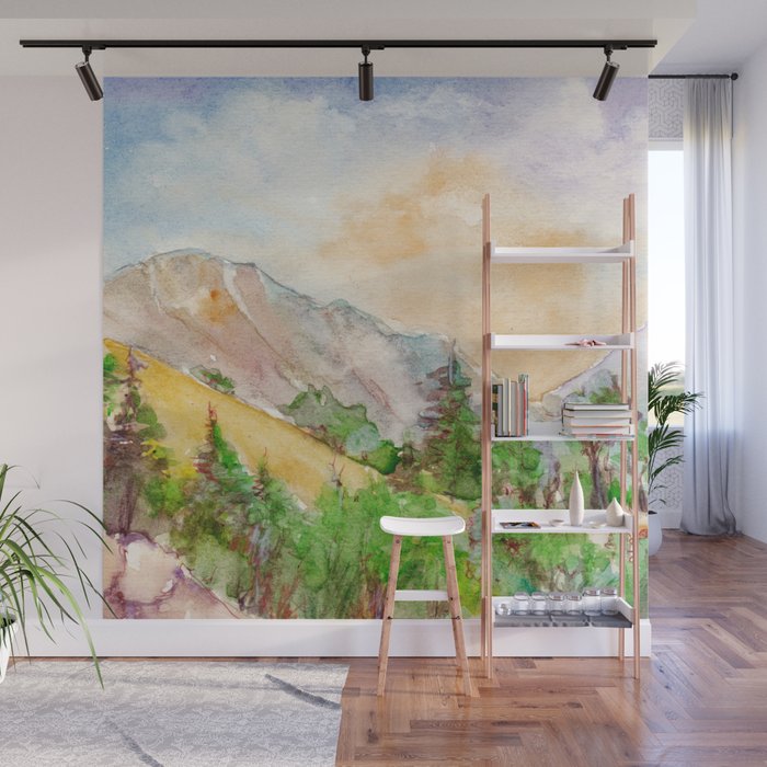 Landscape With Mountains And Blue Sky Painted By Watercolor Wall