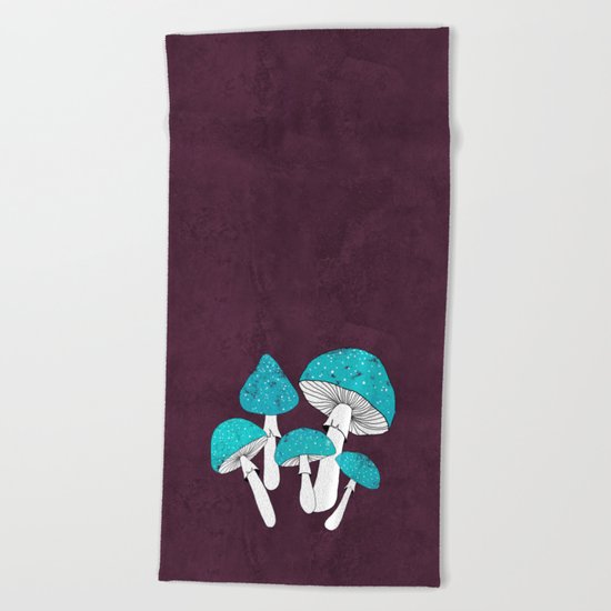 Blue mushrooms field on plum violet Beach Towel