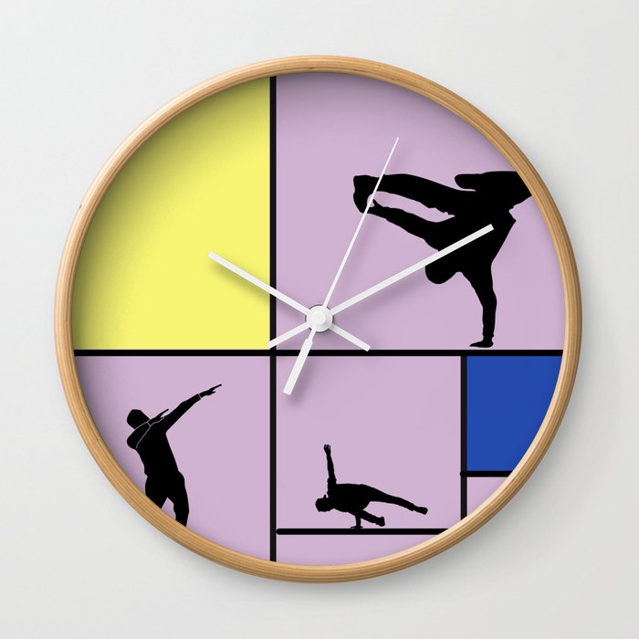 Street dancing like Piet Mondrian - Yellow, and Blue on the violet background Wall Clock