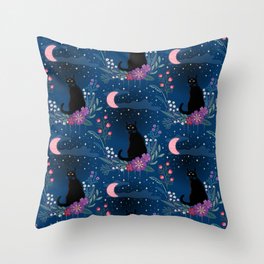 Black cats in the midnight garden -blue, red, purple Throw Pillow