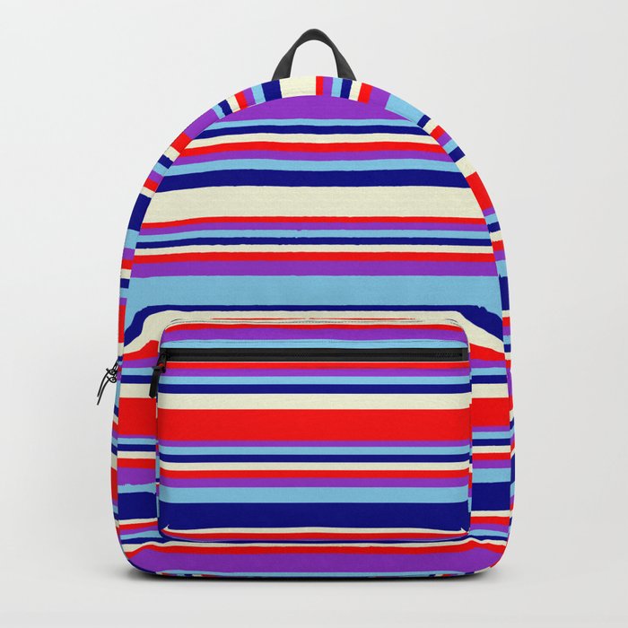 Eye-catching Beige, Red, Dark Orchid, Sky Blue, and Dark Blue Colored Stripes/Lines Pattern Backpack