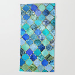 Cobalt Blue, Aqua & Gold Decorative Moroccan Tile Pattern Beach Towel