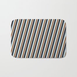 [ Thumbnail: Eyecatching Light Slate Gray, Light Cyan, Brown, Grey, and Black Colored Stripes Pattern Bath Mat ]