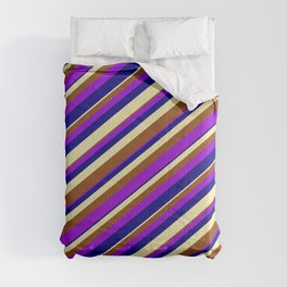 [ Thumbnail: Pale Goldenrod, Brown, Dark Violet & Blue Colored Lined Pattern Comforter ]