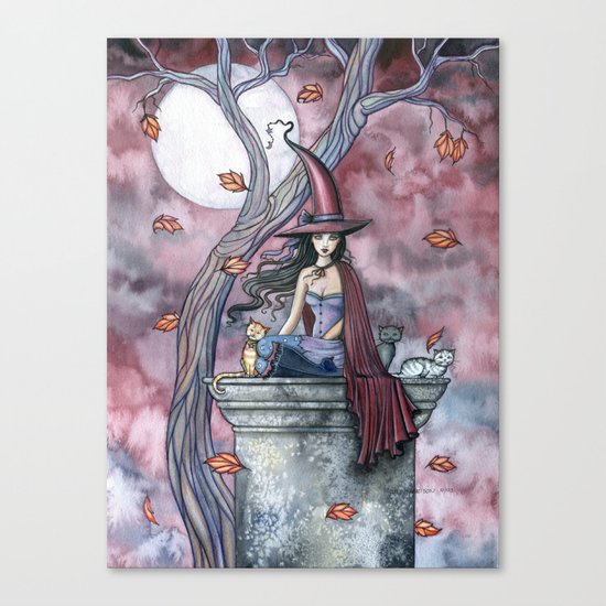 October Winds Fantasy Witch And Cats Halloween Art Canvas Print By Mollyharrisonart Society6